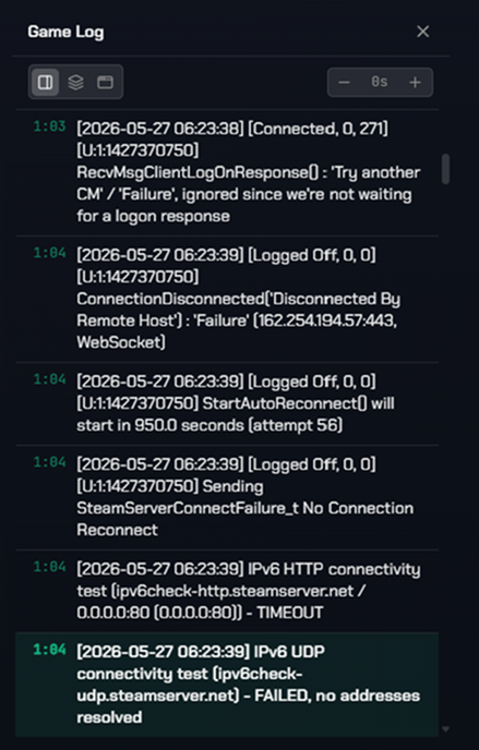 Game log window from the session